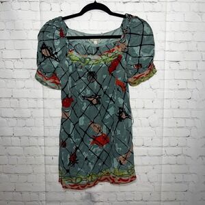 Nanette Lepore Women's Blue Fish Print Silk Puff Sleeve Square Neck Blouse Top 2